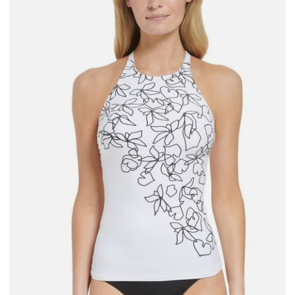 Calvin Klein Womens Printed Criss-Cross Back Tankini Swim Top White XL 11207